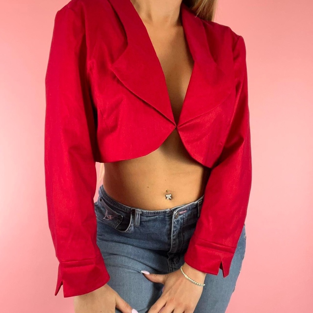 Red Cropped Open-Back Blazer